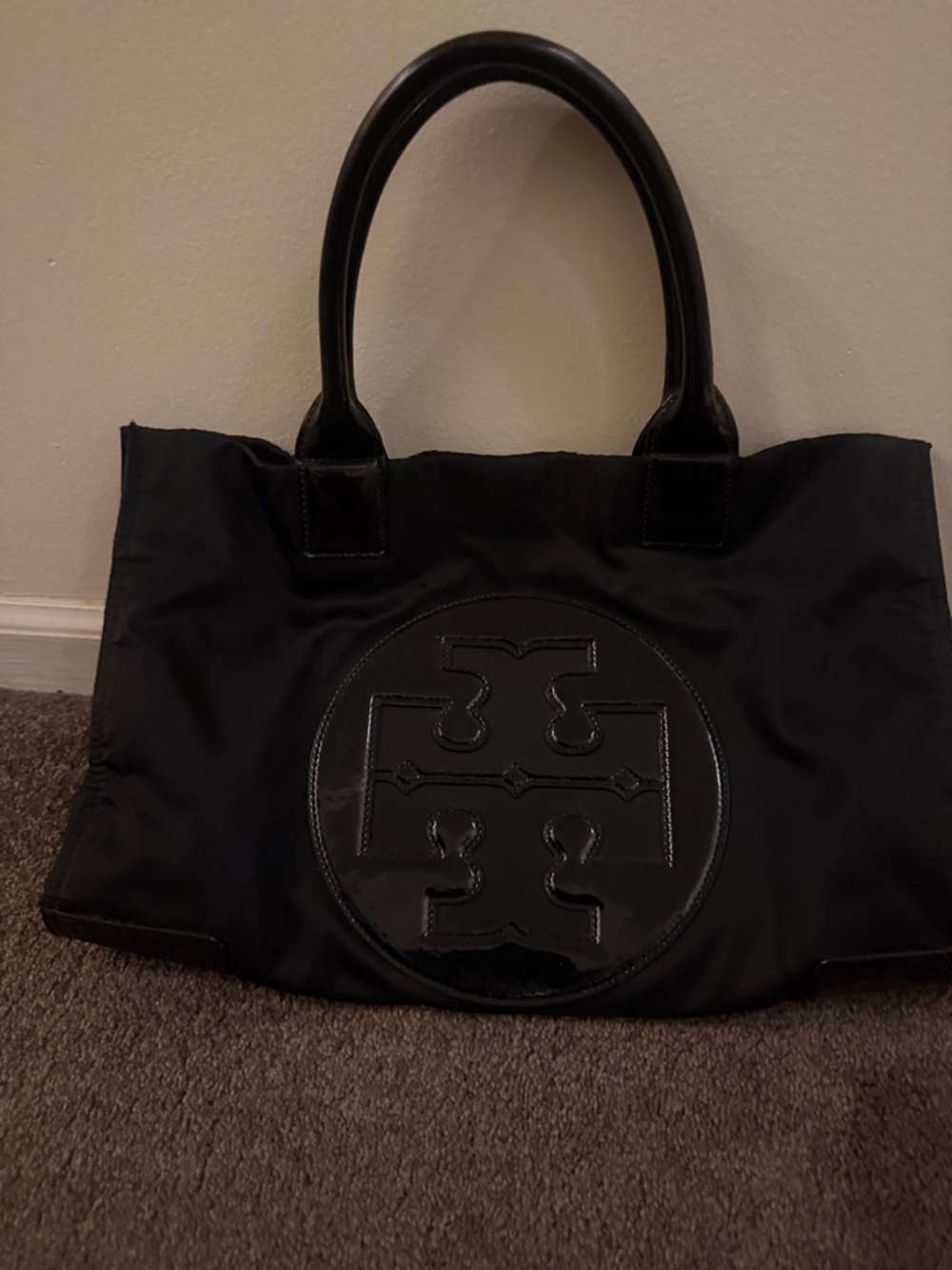 Tory Burch Black Patent Logo Tote